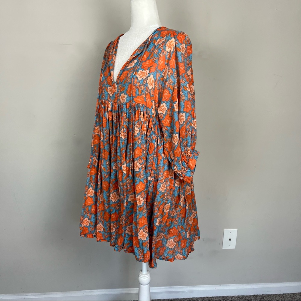 SUNDRY FLORAL MINI SHIFT DRESS SIZE 2 (MEDIUM) SLEEVES ORANGE AND BLUE - Picture 14 of 16